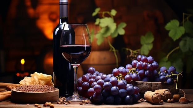 Фото Сочные голубые виноградные лозы и бутылки красного вина на коричневом фоне