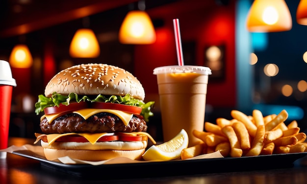 juicy burger beef grilled burger burger close up cheeseburger fries and a drink copyspace