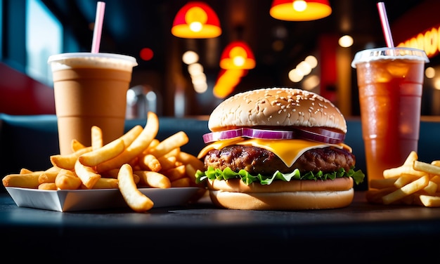 juicy burger beef grilled burger burger close up cheeseburger fries and a drink copyspace