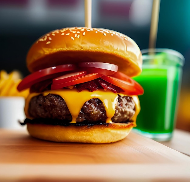 Foto burger e bevande succosi su un tavolo in un ristorante fast food