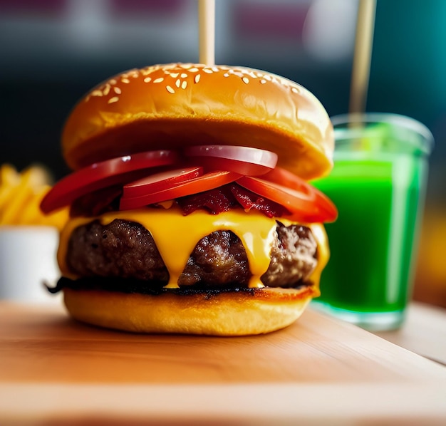 Photo juicy burger and drink on a table in restaurant fast food