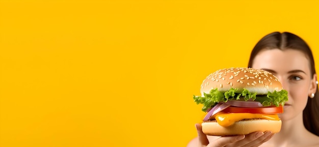 Фото Сочный бургер в руке стильная женщина, держащая вкусный чизбургер с пространством для текста