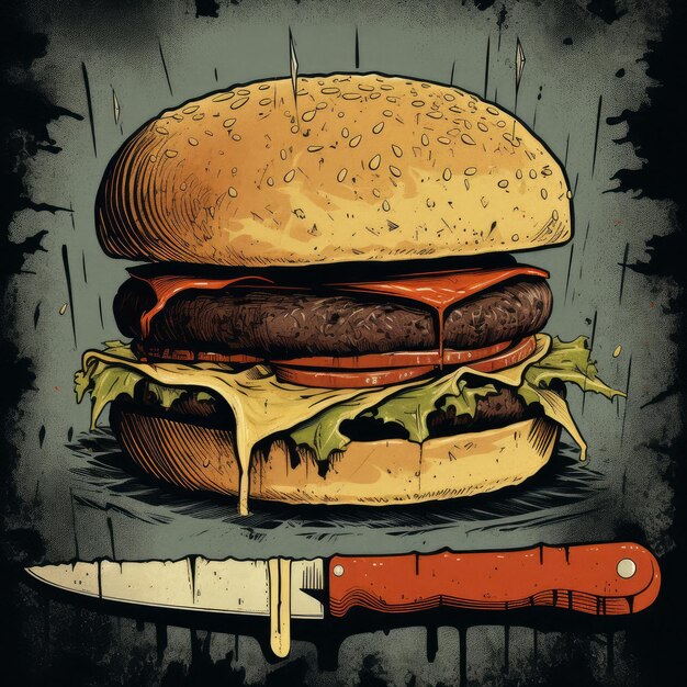 抽象的な背景を持つジューシーなハンバーガーの絵