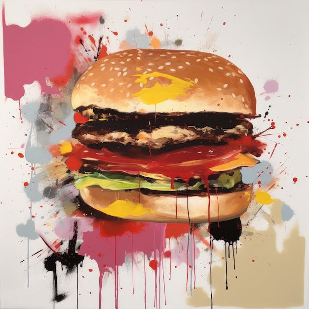 Juicy burger painting with abstract background