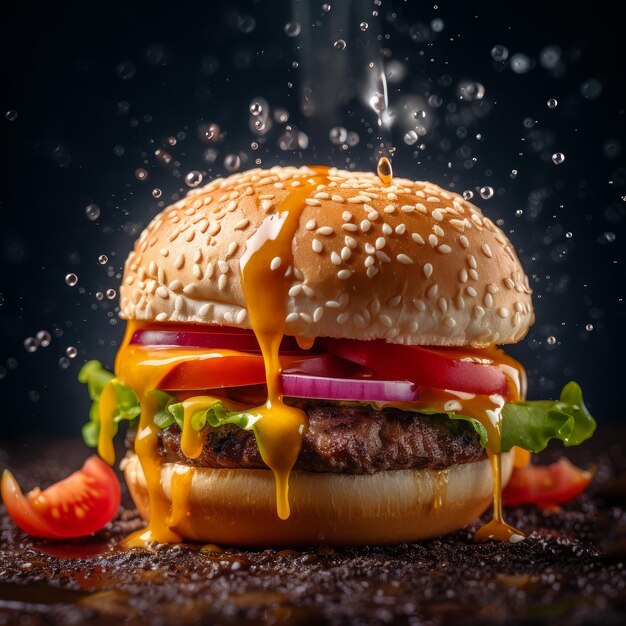 Juicy burger photorealistic illustration on abstract background