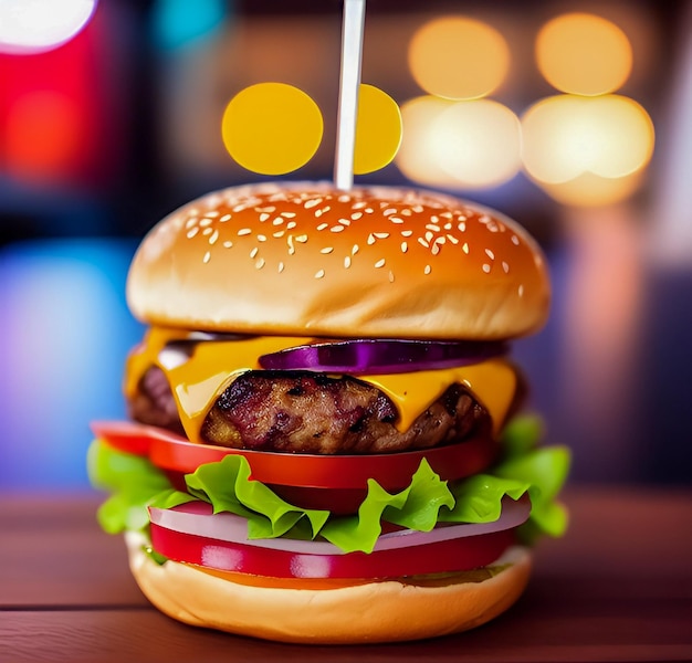 Juicy burger on a table in restaurant Fast food