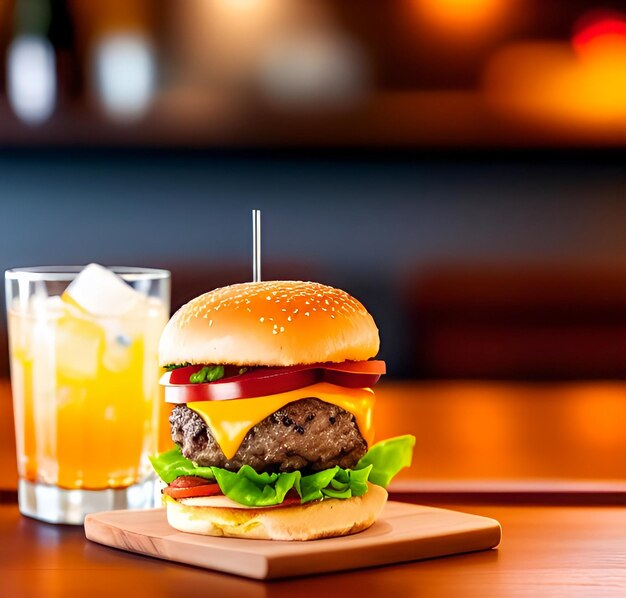 Juicy burger on a table in restaurant fast food