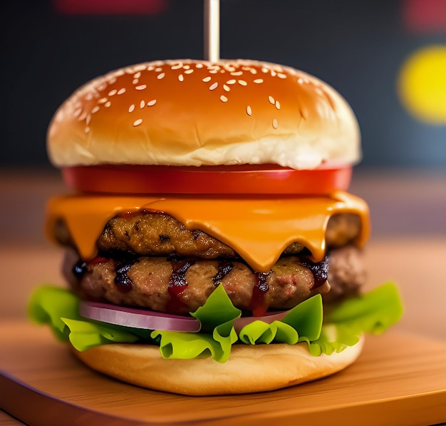 Juicy burger on a table in restaurant Fast food