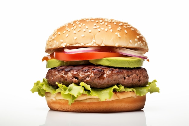 Juicy burger with avocado on a white background