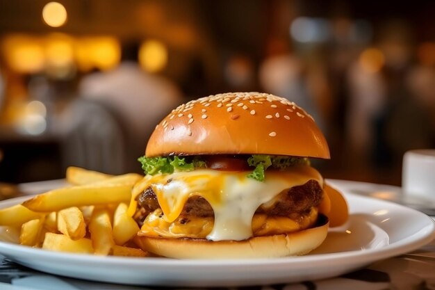 juicy burger with beef and fresh salad on white plate on bokeh restaurant background fast food menu