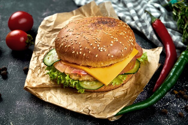 Фото Сочный бургер с курицей, помидорами, сыром и хрустящим луком на темном столе. бургер с курицей