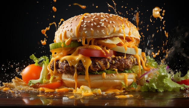 Juicy Burger with meat patty and vegetables with splash sauces on a black background