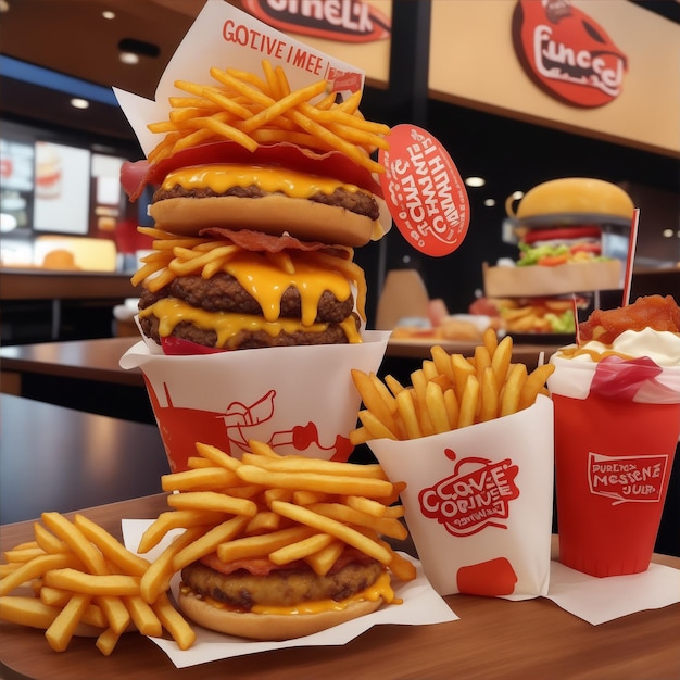 Juicy burger with melted cheese crispy bacon and golden fries on the side Mouthwatering fast food