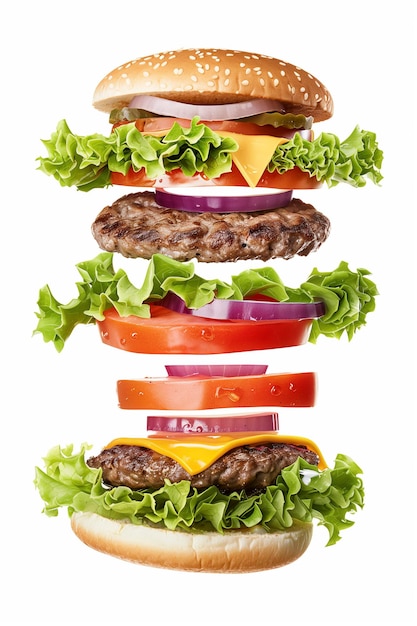 Juicy burger with vegetable ingredients flying in the air on an white background