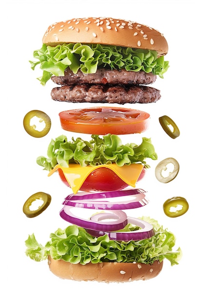 Photo juicy burger with vegetable ingredients flying in the air on an white background