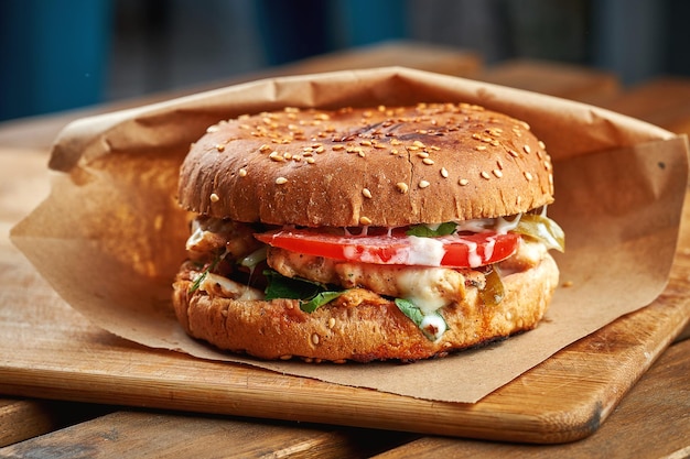 Photo juicy burger with vegetables in kraft paper on a wooden background