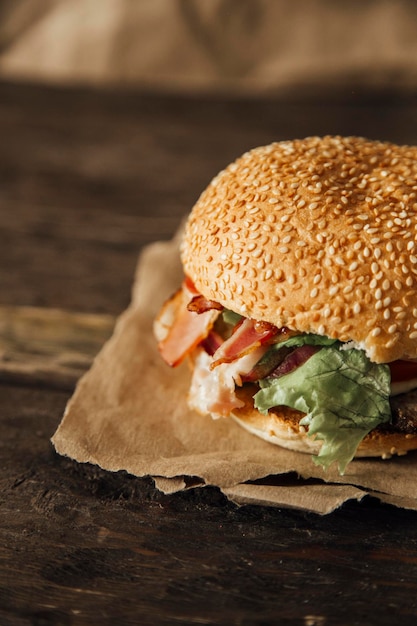 juicy burger on a wooden background