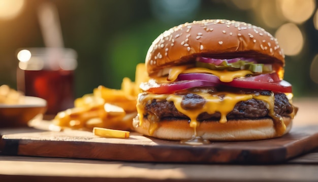 Juicy cheeseburger met frietjes op een houten tafel.