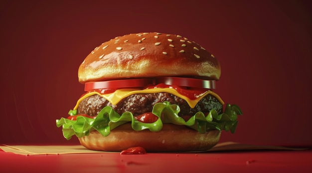 A juicy cheeseburger with fresh ingredients on a red backdrop highlighting its appealing texture and vibrant colors