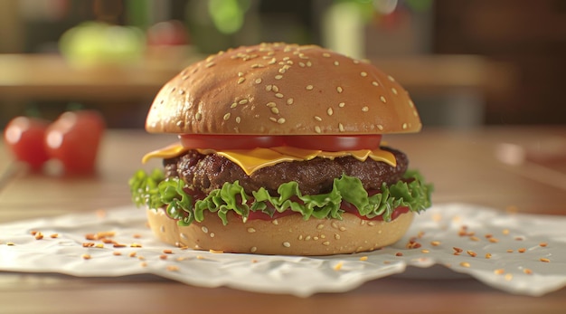 A juicy cheeseburger with fresh lettuce tomato cheese and a beef patty sits on a table evoking hunger and desire for a tasty meal