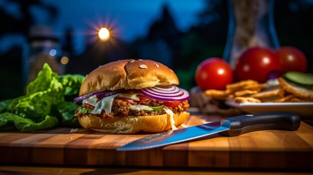 Juicy Cheeseburger on Wooden Board