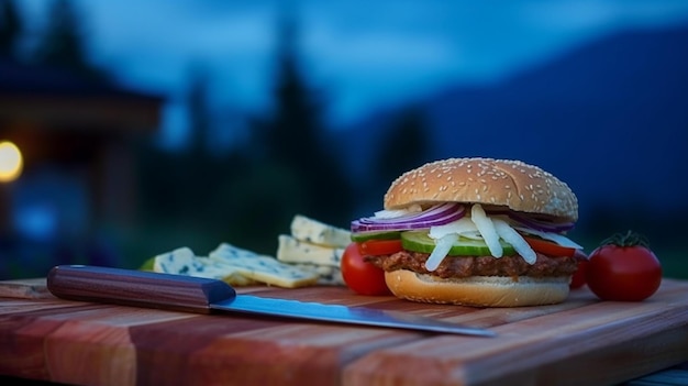 Photo juicy cheeseburger on wooden board