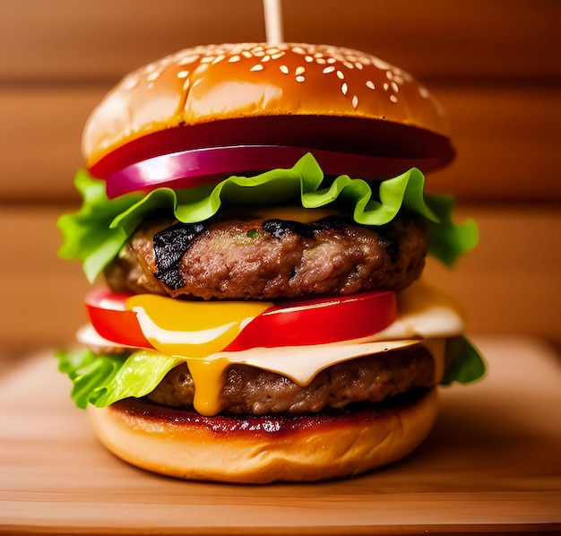 Juicy cheeseburger on wooden surface close up