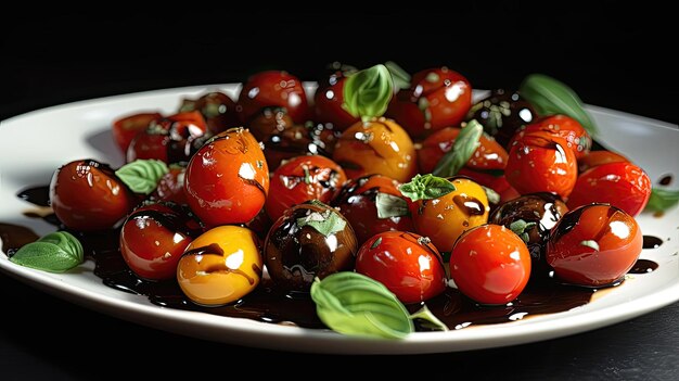 Сочные помидоры черри, маринованные в чесночном базилике и бальзамическом уксусе, создают ароматное и освежающее блюдо, идеально подходящее для любого летнего случая Сгенерировано AI