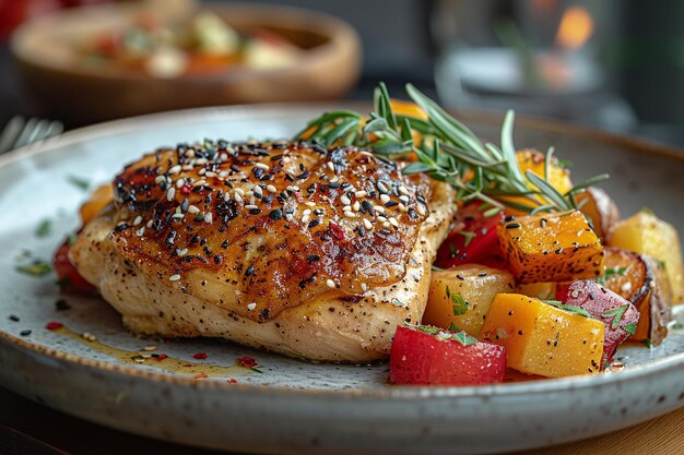 Juicy Chicken Steak topped with Crunchy Sesame Seeds and Garden Fresh Vegetables