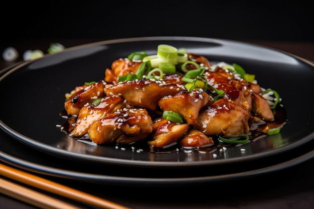 Juicy chicken teriyaki dish in a black plate with chopsticks on the side