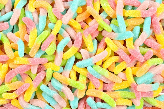 Juicy colorful jelly sweets. Gummy candies. Snakes.