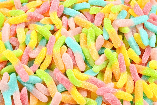 Juicy colorful jelly sweets. Gummy candies. Snakes.