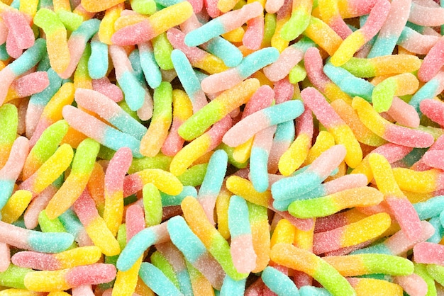 Juicy colorful jelly sweets. Gummy candies. Snakes.