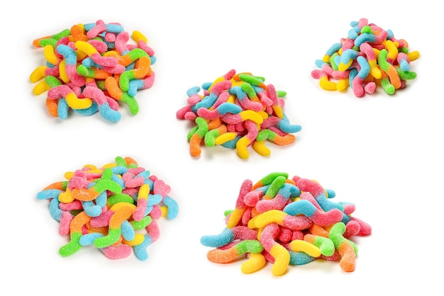 Juicy colorful jelly sweets isolated on white Gummy candies Snakes