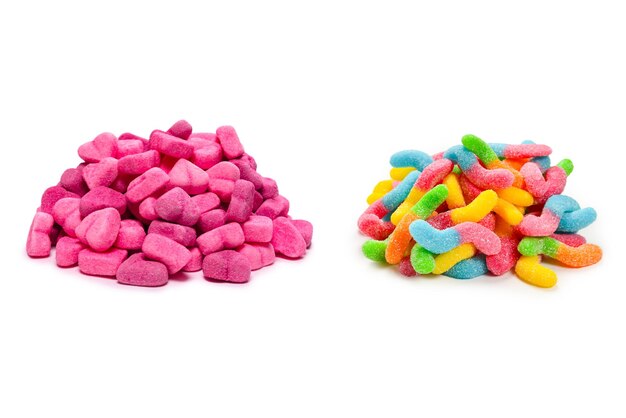 Juicy colorful jelly sweets isolated on white Gummy candies Snakes