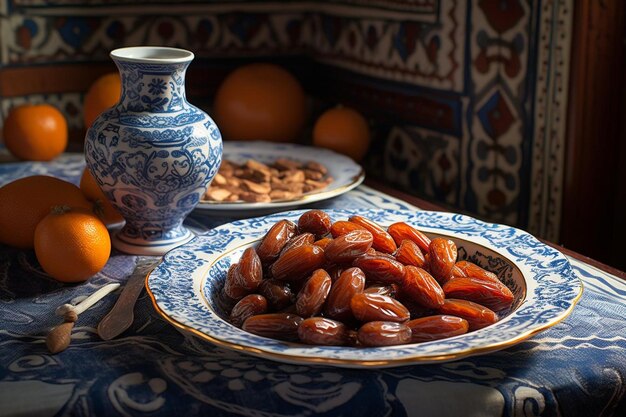 Juicy dates in a wooden plate on a wooden table