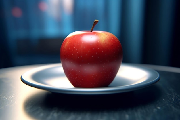 Сочное вкусное яблоко лежит на красивой тарелке, созданной Ай