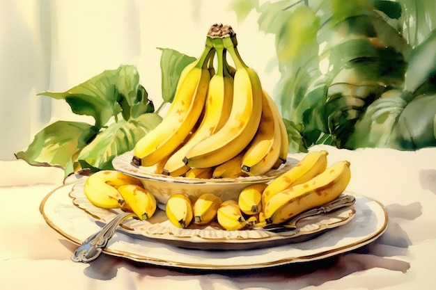 사진 즙이 많은 맛있는 바나나는 아름다운 접시에 놓여 있습니다. 인공지능이 생성했습니다.