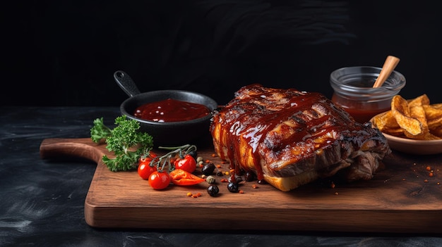 Juicy and delicious grilled pork ribs on a wooden board with sauce and greens on a dark natural background Empty space for text Ai generated