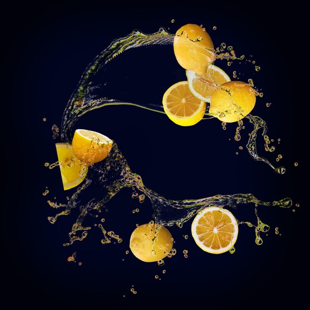 Juicy delicious lemon with splashes of juice background for designers