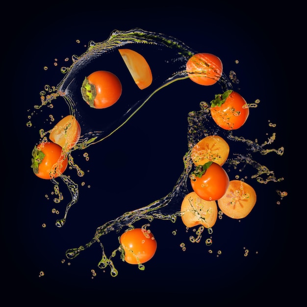 Photo juicy delicious persimmon with bursts of juice