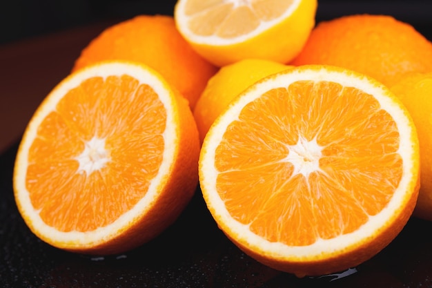 Juicy delicious sliced oranges and lemons on wet table