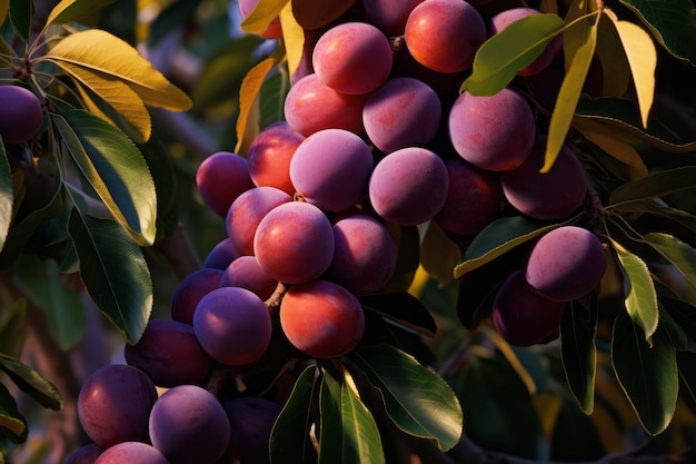 Juicy delicious sweet plums on branch in garden farm tree in sunset Organic eco agriculture concept