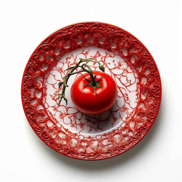 おいしいトマトが 美しい皿に 置かれています