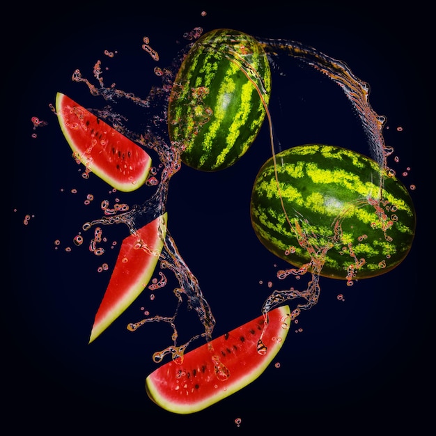 Juicy delicious watermelon with splashes of juice background for designers