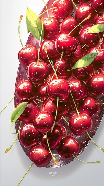 Juicy delight Fresh sweet cherries with leaves glistening in droplets Vertical Mobile Wallpaper