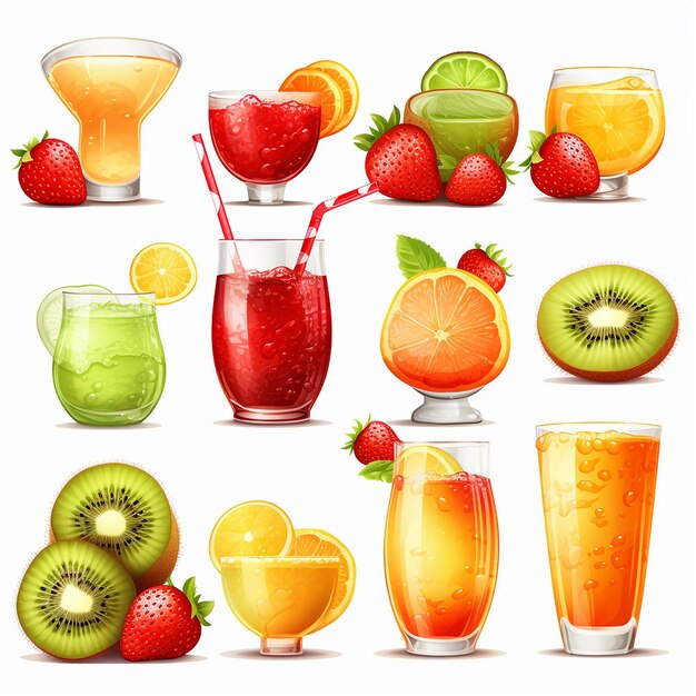 Photo juicy delight kiwi orange strawberry juices with fresh fruits