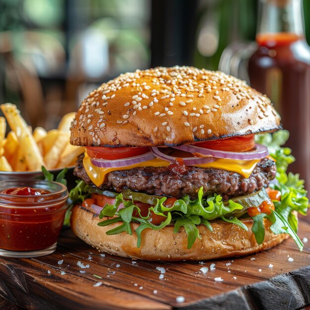 木製のトレイにフライドポテトをめたジューシーなダブルチーズバーガー