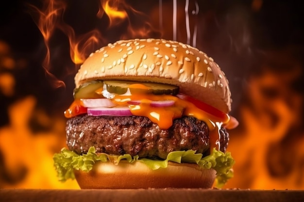 Juicy Dripping Burger with Smoke and Fire Generative AI