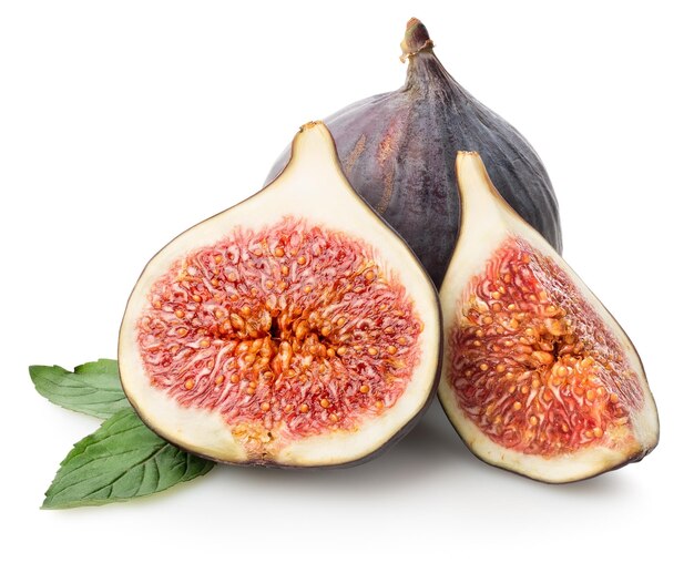 Juicy figs with green leaf isolated on white